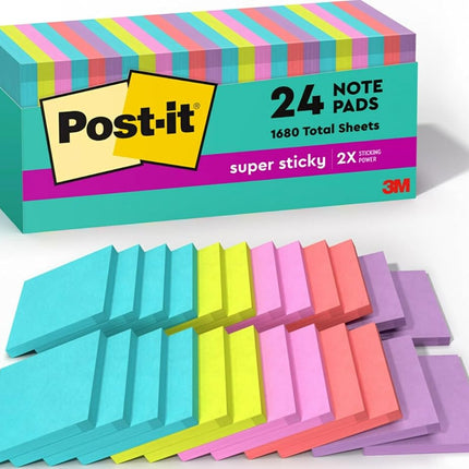 Post-it Super Sticky Notes, 3 in. x 3 in., Miami Collection, 24 Pads/Pack, 70 Sheets/Pad Blue, Green, Orange, Pink 70 Sheets Self-Adhesive Pouch