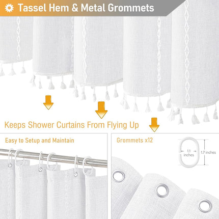 BTTN Extra Long Shower Curtain, 72x84 Inch Long Boho Tassel Linen Fabric Thick Shower Curtain Set with Plastic Hooks, Large Modern Farmhouse Country Decorative Cloth Shower Curtain for Bathroom, White
