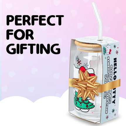 Silver Buffalo Hello Kitty Holiday Tree Dress 16oz Glass Tumbler w Bamboo Lid and Glass Straw