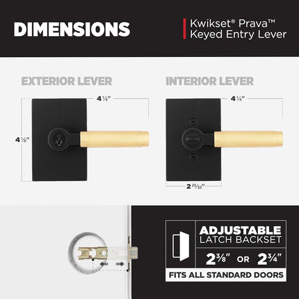 Kwikset Prava Entry Door Handle with Lock and Key, Secure Keyed Reversible Lever Exterior, for Front Entrance and Bedrooms, Matte Black and Satin Brass, Pick Resistant Smartkey Security and Microban