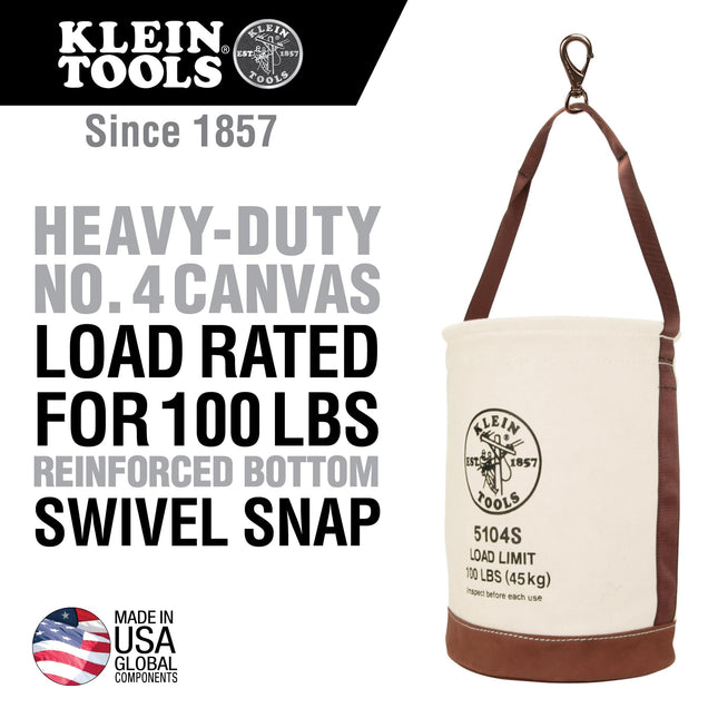 Klein Tools 5104S Canvas Bucket, Tool Bucket Made with No. 4 Canvas and Leather Bottom, with Swivel Snap Hook Included, 100-Pound Load Rated