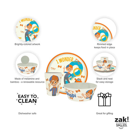 Zak Designs Blippi Kids Dinnerware Set 3 Pieces, Durable and Sustainable Melamine Bamboo Plate, Bowl, and Tumbler are Perfect for Dinner Time with Family (Blippi, TABBS)