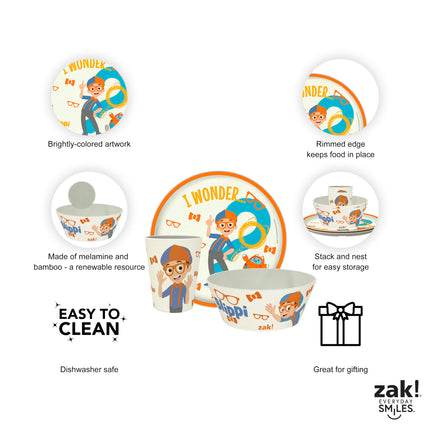 Zak Designs Blippi Kids Dinnerware Set 3 Pieces, Durable and Sustainable Melamine Bamboo Plate, Bowl, and Tumbler are Perfect for Dinner Time with Family (Blippi, TABBS)