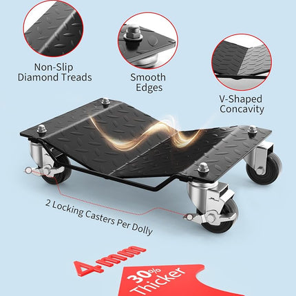 Car Wheel Dolly Set of 4,6000LBS Capacity Heavy Duty Vehicle Mover Dolly with Brakes for Moving Cars, Trucks, Trailers and Motorcycles, Black