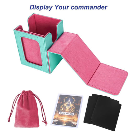 AFIING MTG Deck Box for Commander Display,Card Deck Case Fits 100 Double Sleeved Cards, Magic Commander TCG Card Storage Box with 2 Dividers,Dice Bag and 1 Toploader(Green Rose pink)