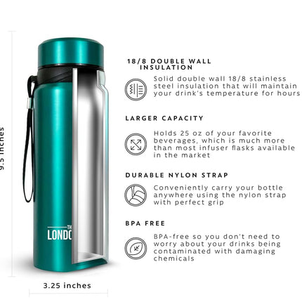 25 oz Multi-Function Travel Mug and Tumbler | Tea Infuser Water Bottle | Fruit Infused Flask | Hot & Cold Double Wall Stainless Steel Coffee Thermos | by Here & Now Supply Co. Celestial Blue