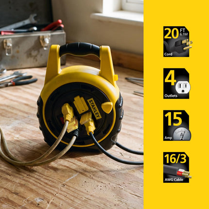 Stanley 33959 ShopMax Power Hub Carrete de cable de 20 pies y 4 enchufes de Stanley