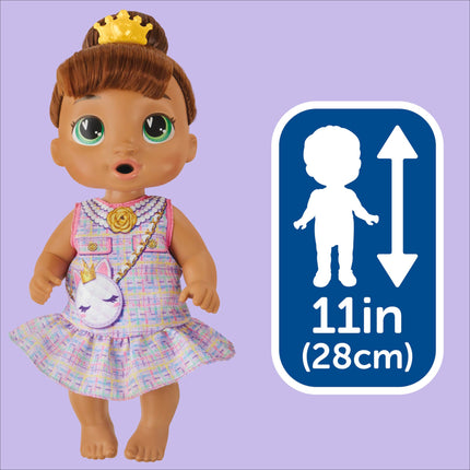 Muñeca Baby Alive Bubbly Tea Party Sophia Sparkle con accesorios de tetera, pelo castaño, 28 cm, juguete para niñas y niños de 3 años en adelante