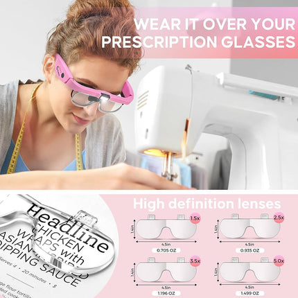 GUOUBUO Magnifying Glass with Light, 1.5X-5.0X Magnifying Glasses, Rechargeable Magnifier Headset with Light, Head Magnifier with 4 Detachable Lenses, Magnify Glasses for Close Work Crafts Jewelry