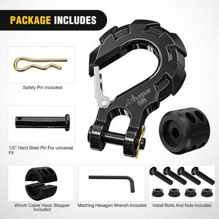 Nilight Forged Steel Winch Hook 3/8" Grade 70 Safety Latch Winch Cable Hook Stopper & Clevis Slip Hook Sets, Included Allen Wrench,Max 35,000 lbs,2 Years Warranty, Black