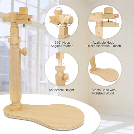 Adjustable Embroidery Hoop Stand - Hands-Free Cross Stitch Stand Lap, Beech Wood Embroidery Hoop Holder Frame, Rotated Needlepoint Holder Stand for Art Craft Sewing Needlework Projects