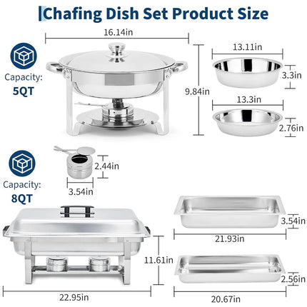 GarveeHome Stainless Steel Chafing Dish Buffet Set of 2, 8 Qt Rectangle & 5 Qt Round Chafers with Food/Water Pans & Fuel Holder, Food Warmer Buffet Set for Parties, Events & Holiday Catering