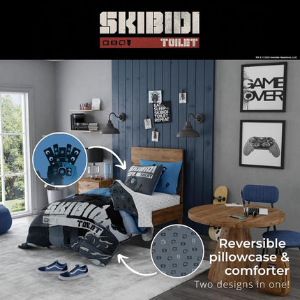 Franco Comforter and Sheet Set, Microfiber, Blue-Skibidi Toilet, 4 Piece Twin Size
