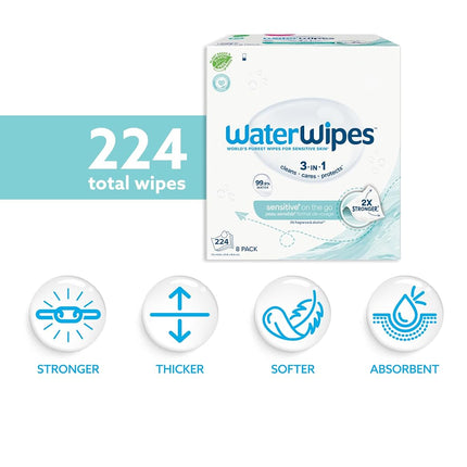 WaterWipes On The Go Wipes, 99.9% Water-Based Wipes for Travel, Sports, and to Refresh Skin, Unscented & Hypoallergenic, 224 Count (8 Packs)