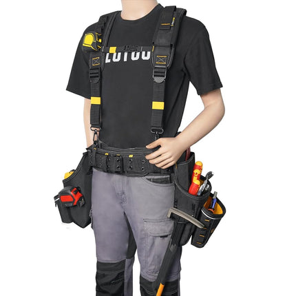 MELOTOUGH Carpenters Tool Belt with Suspenders Professional Tool Belt Combo Organizer With Tool Pouch Suspenders with 32 Pockets and Loops fits 33"-47"Waist for Electrican/Contractor/Technican(Yellow)