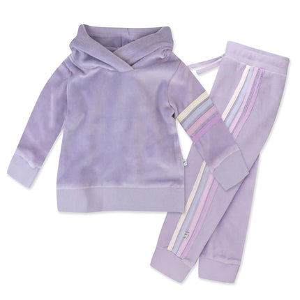 HonestBaby Velour Pullover Hoodie and Zip Front Sweatshirt and Jogger Sweatpants Set Baby, Toddler, Boys, Girls, Unisex, Lavender with Stripe, 18 Months, Lavender With Stripe, 18 Months