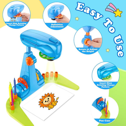 Kids Drawing Projector Kit - Complete Art & Craft Set for Girls Ages 3+ with Crayons, Stencils & Coloring Books (Blue)