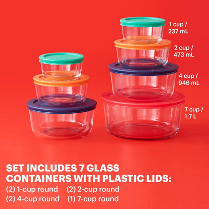 Pyrex Simply Store Glass Round Food Container Set with Multi-Colored Lids (14-Piece)