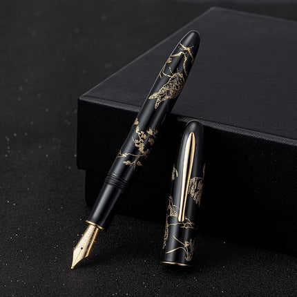 HONG DIAN N23 Black Rabbit Fountain Pen, Long Blade Medium Nib Gold Trim, New Year Lucky Rabbit Carving Design, Smooth Writing Pen with Converter and Metal Pen Box Set