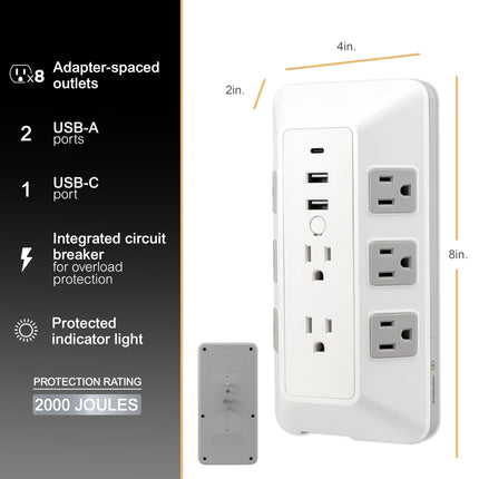 Protector de sobretensión GE de 8 tomas con cable de extensión y toma de corriente USB para oficina en casa 2000J 2 USB-A 1 USB-C Blanco/Gris - 73654