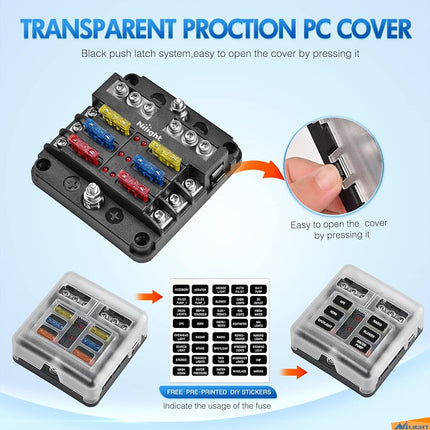 Nilight - 50055F 6 Way Blade Screw Fuse Block 6 Circuits with Negative Bus Fuse Box Holder with LED Indicator ATO/ATC Fuse Panel Waterproof Cover for 12V Automotive Cars Marine Boats RVs Trailers