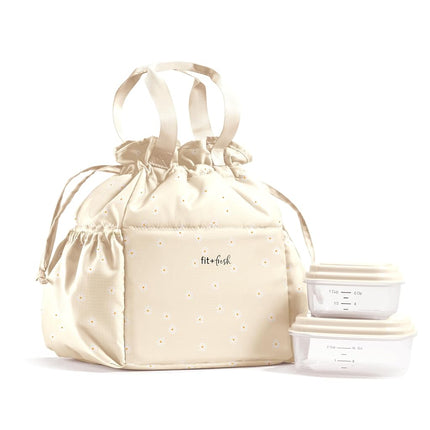 Fit & Fresh Cromwell Drawstring Lunch Bag for Women, Complete Lunch Set with 2 Containers, Stain-Resistant, Leak-Resistant, Back to School Essential, Teacher Lunchbox, Ivory Daisies