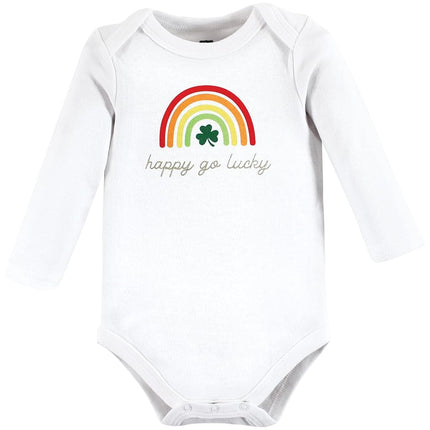 Hudson Baby Baby Girls Cotton Long-sleeve Bodysuits 3-pack, St Patricks Rainbow, 9-12 Months
