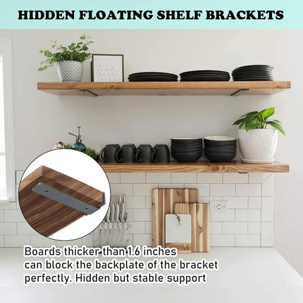 Floating Shelf Brackets Heavy Duty - 1/5 Inch Thick Industrial Black Metal L Brackets, Premium Solid Steel Shelf Supports for Shelves - 6 Inch Heavy Floating Shelves Hardware (6Pcs)