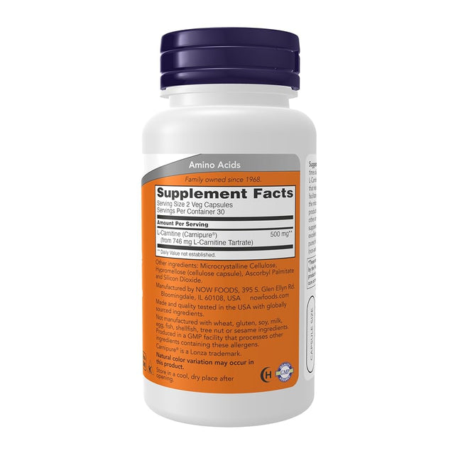 NOW L-Carnitine 250 mg Tartrate-L-Carnipure, 60 Capsules