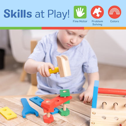 Melissa & Doug Take-Along Tool Kit Wooden Construction and Building Set (24 pcs) Pretend Play Toy for Kids Age 3+