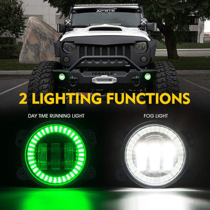 Xprite 4" Inch 60W Cree Led Fog Lights W/Green Halo Ring DRL for Jeep Wrangler JK Tractor Boat Led Fog Lamps Bulb Auto Led Headlight Driving Offroad Lamp