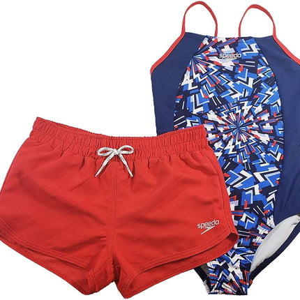 Speedo Girls Thin Strap One Piece Suit and Shorts Set (Red White Blue, X-Small)