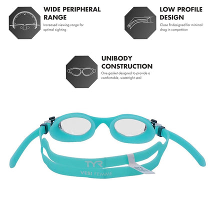TYR Women Vesi Femme Low Profile Swimming Goggles - Clear/Mint/Mint, Small
