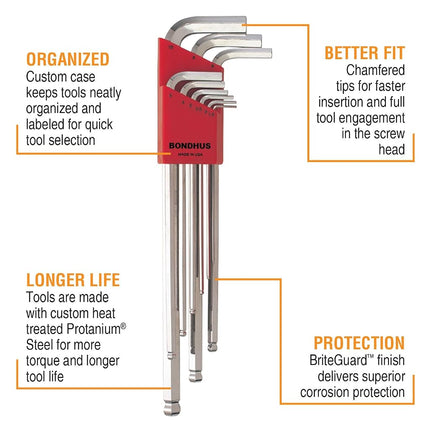 Bondhus, BLX9MMB BRITEGUARD Long Series BALLEND HEX Key Set 1.5MM-10MM, 17099