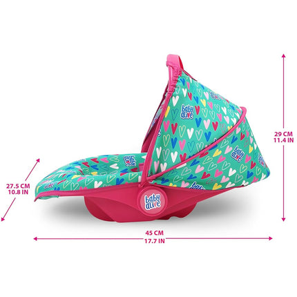 509 Crew Baby Alive: Deluxe Doll Car Seat - Green, Pink, Hearts - Accessory for Dolls Up to 18", Portable, Transform to Lounge Seat, Canopy, Kids Toy Ages 3+