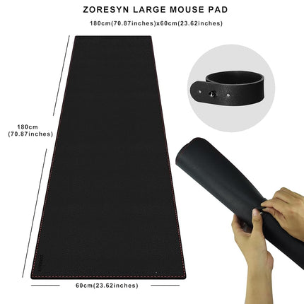 ZORESYN PU Leather Desk Mat Black 180x60cm Waterproof Anti-Oil Dining Table mat Non-Slip Mouse Pad, Large Desk Pad with Stitched Edges Computer Desk Mat for Gamer, Office & Home