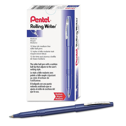 Pentel Rolling Writer Roller Ball Capped Pen, Blue Ink, Medium Point, Dozen, DZ - PENR100C