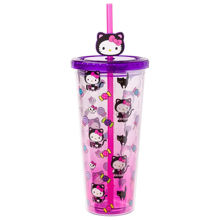 Silver Buffalo Sanrio Hello Kitty Halloween Costume Black Cat and Candy Plastic Cold Cup with Lid and Straw Topper, 24 Ounces