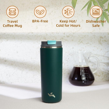 Konokyo Tumbler with Lid, 16 oz Travel Coffee Mug Double Wall Vacuum Stainless Steel Thermal Metal Cup Insulated Water Bottle,Dark Green