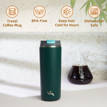 Konokyo Tumbler with Lid, 16 oz Travel Coffee Mug Double Wall Vacuum Stainless Steel Thermal Metal Cup Insulated Water Bottle,Dark Green