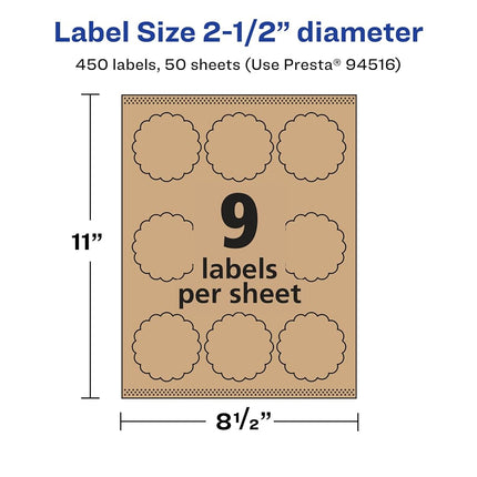 Avery Kraft Brown Round Scalloped Labels with Sure Feed, 2.5" Diameter, 450 Kraft Brown Labels, Print-to-The-Edge, Laser/Inkjet Printable Labels