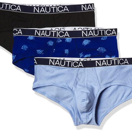 Nautica Men's 3 Pack Cotton Stretch Briefs, Black/Coastal Sky/Fish Print-Windsurf, XL