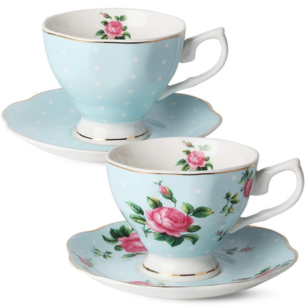 BTäT- Floral Tea Cups and Saucers, Set of 2 (Blue 