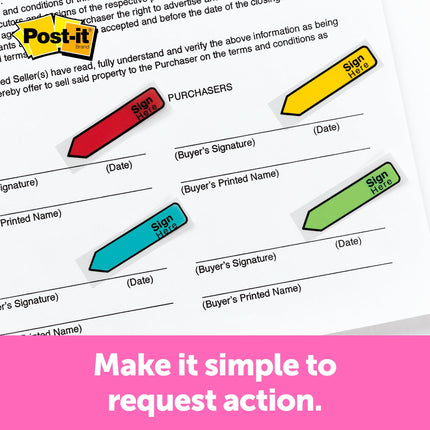 Post-it Message Flags, Sign and Date, 30/Dispenser, 4 Dispensers/Pack, .47 in Wide, Assorted Colors (684-SD) (24 Pack)