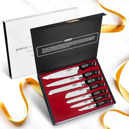 SCOLE® 7-Piece Kitchen Knife Set, Professional Chef Knife Sets Premium 1.4116 German Stainless Steel Knives Set Ultra Sharp Knife Set for Kitchen, Ergonomic Full Tang Handle Triple Rivet, Gift Box