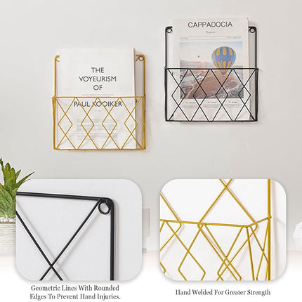 kumet Wall-Mounted File Organizer, Metal Wall File Holder, Magazine Rack, Space-Saving Design, Ideal for Home Office, Workspace, and Study Room Organization (Gold)