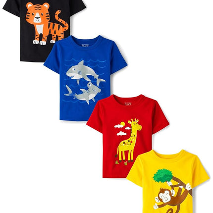 The Children's Place Baby and Toddler Boys' Animal Short Sleeve Graphic T-Shirts, Multipack, Tiger/Giraffe/Monkey/Shark, 4T