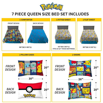 Franco Pokemon Bedding Super Soft Comforter and Sheet Set with Sham, 7 Piece Queen Size, (Official Licensed Product)