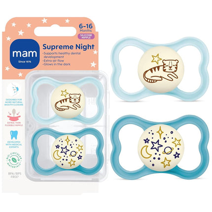 MAM Supreme Night Baby Pacifier, for Sensitive Skin, Patented Nipple, 2 Pack, 6-16 Months, Boy