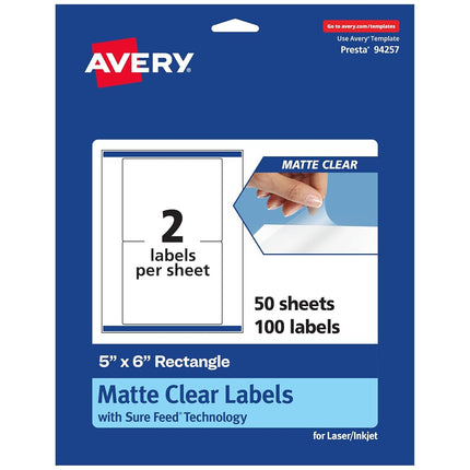 Étiquettes rectangulaires transparentes mates Avery, technologie Sure Feed, 12,7 cm x 15,24 cm, 100 étiquettes transparentes mates, imprimable laser/jet d'encre